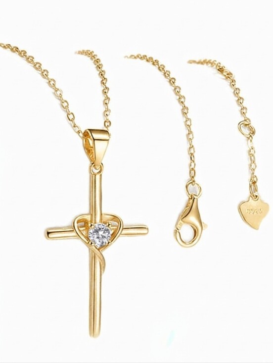 Jewelry - Gold Heart Cross Pendant Necklace with Center Circonia Stone - NWT